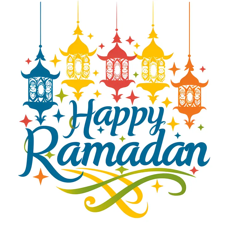Happy Ramadan Text with Colorful Lanterns