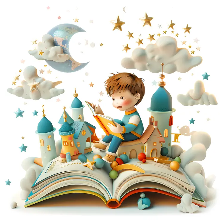 Boy Reading on a Magical Book
