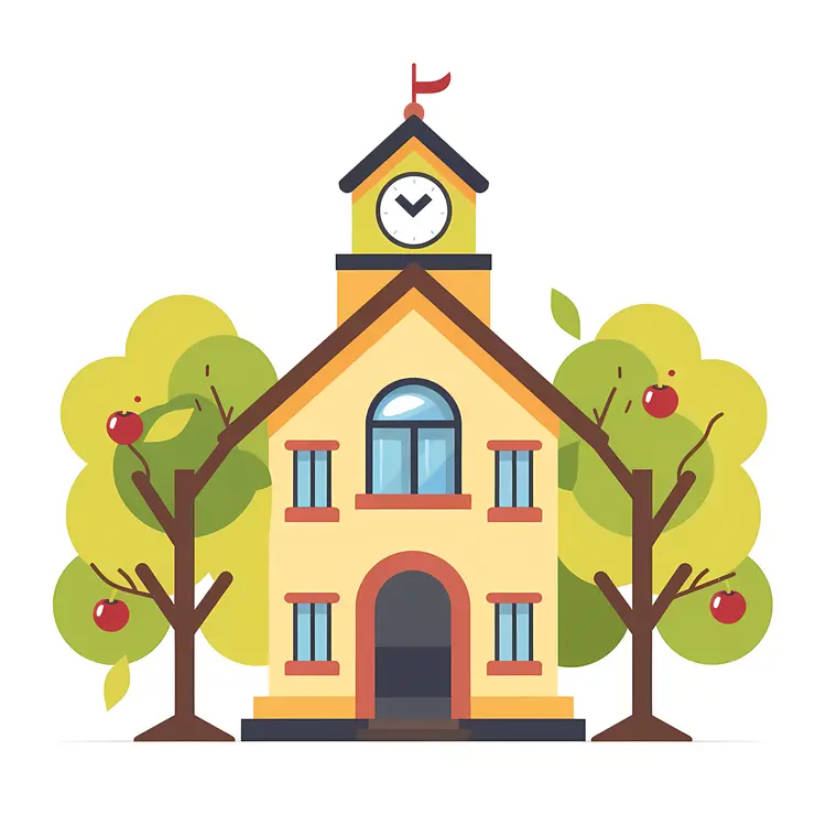 School Building with Clock and Trees
