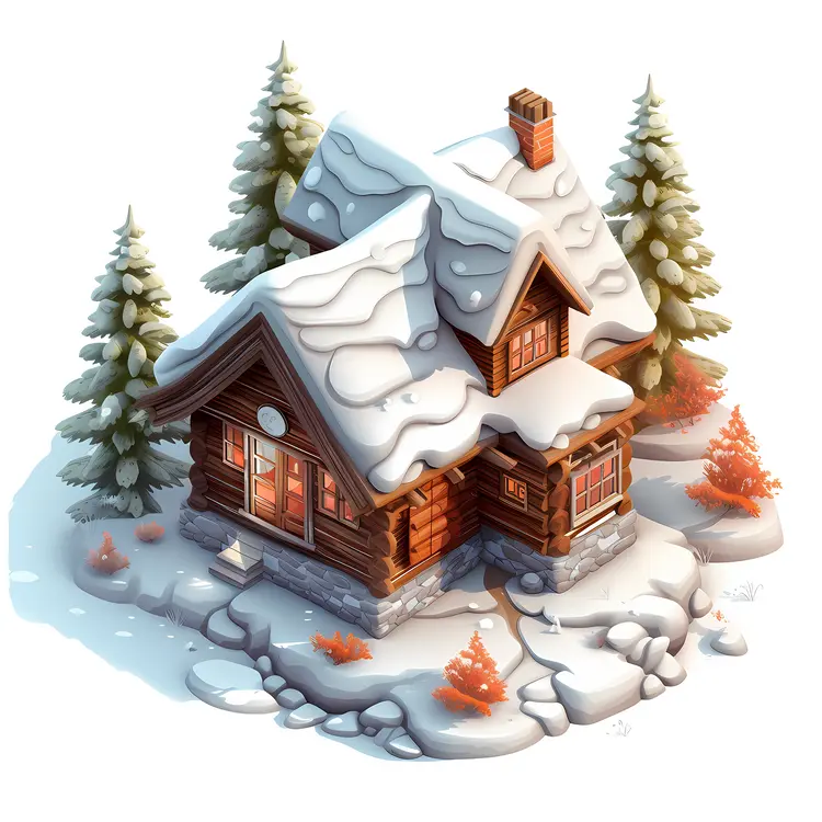 Snowy Wooden House in Winter Forest