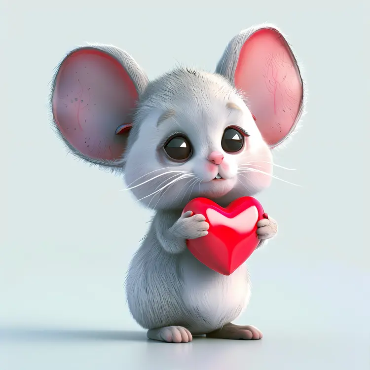 Cute Gray Mouse Holding a Heart