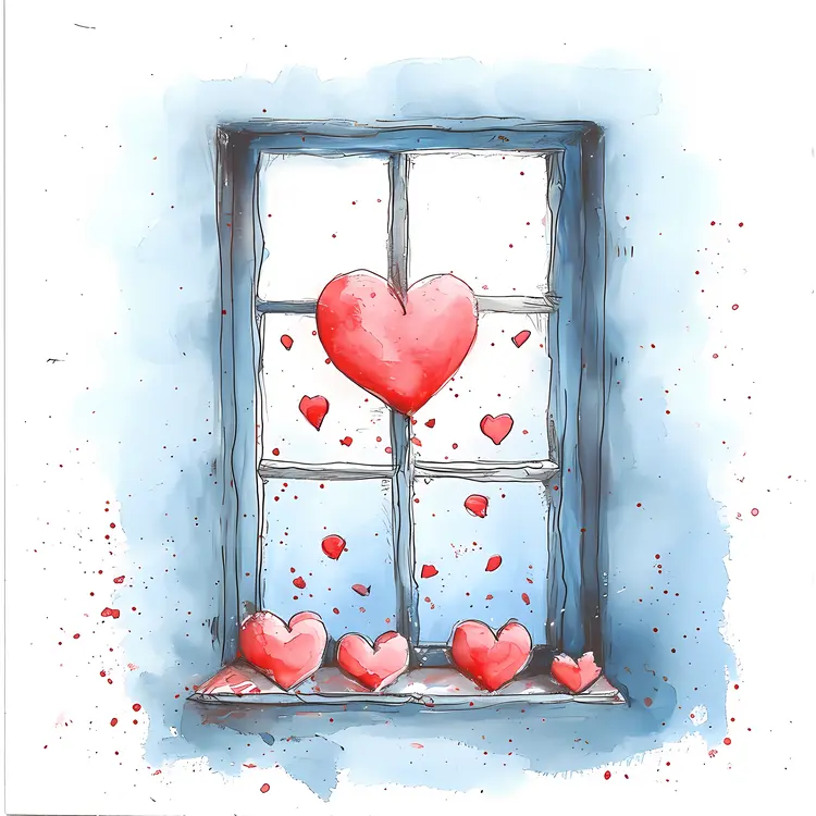 Hearts in Window with Blue Background