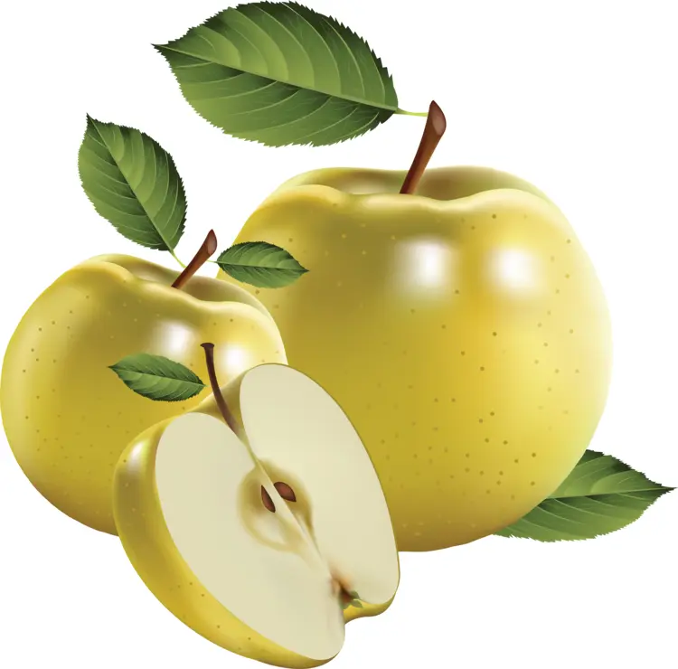 Yellow Apples with Leaves and Sliced Apple
