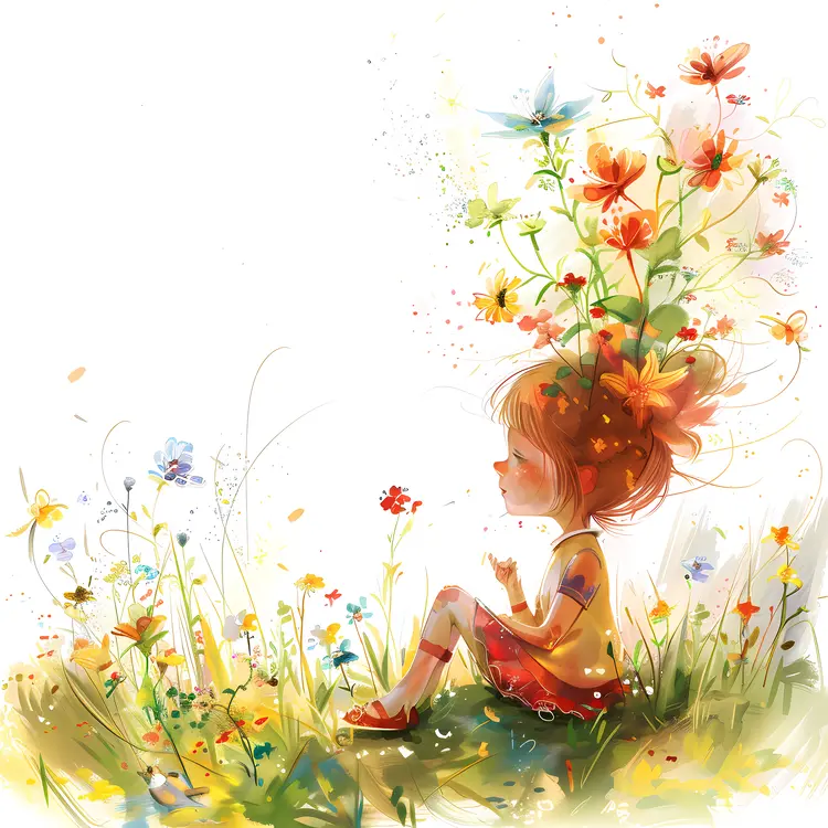 Little Girl with Flowers and Butterflies