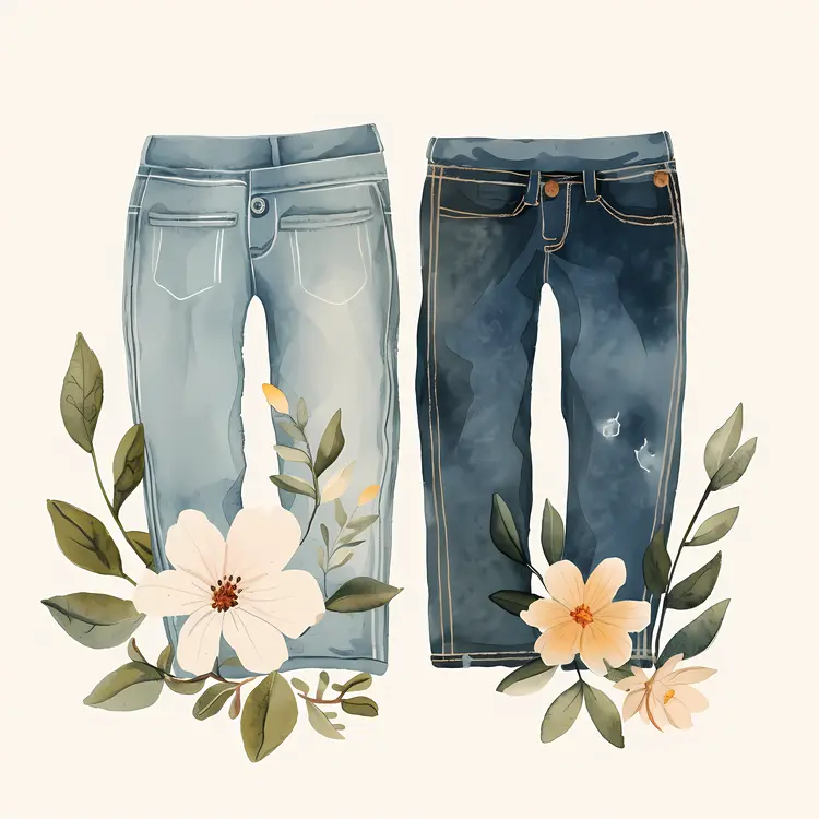 Light Blue and Dark Blue Jeans with Floral Decoration