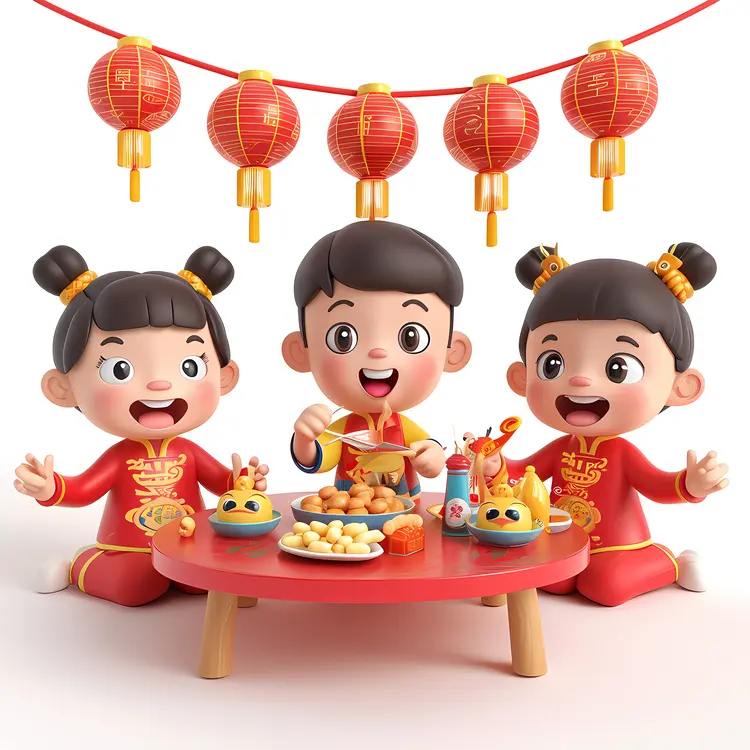 Children Celebrating with Food and Lanterns