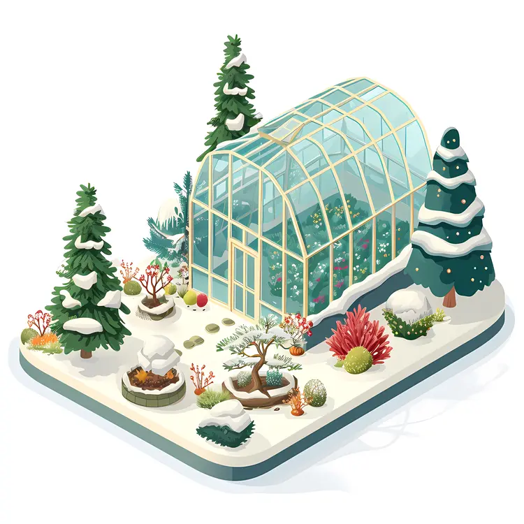 Snowy Greenhouse with Winter Plants