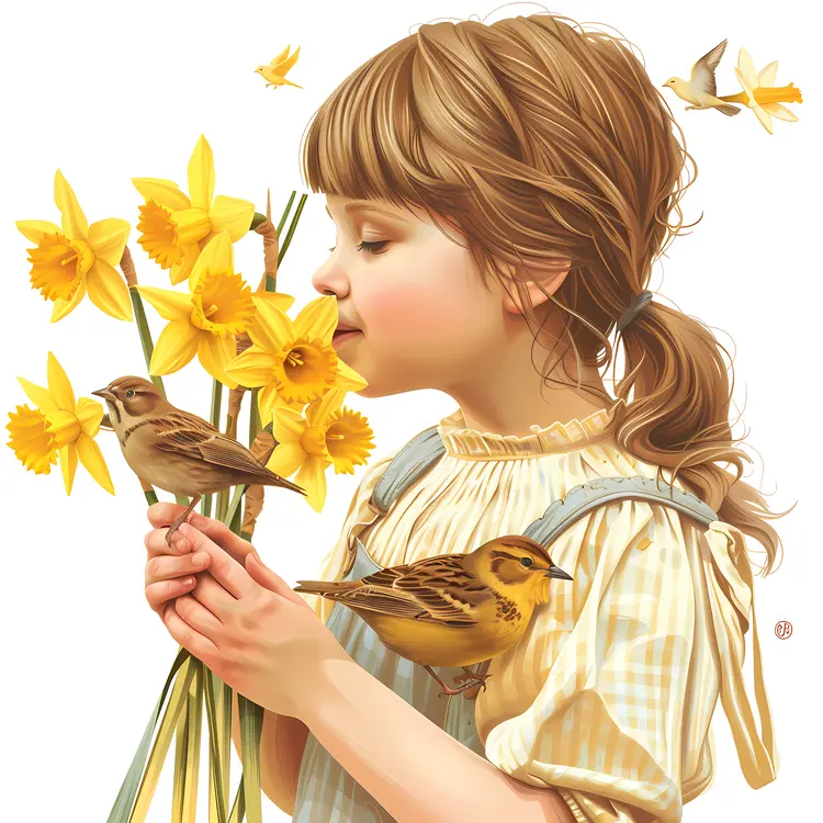 Girl Smelling Flowers with Birds