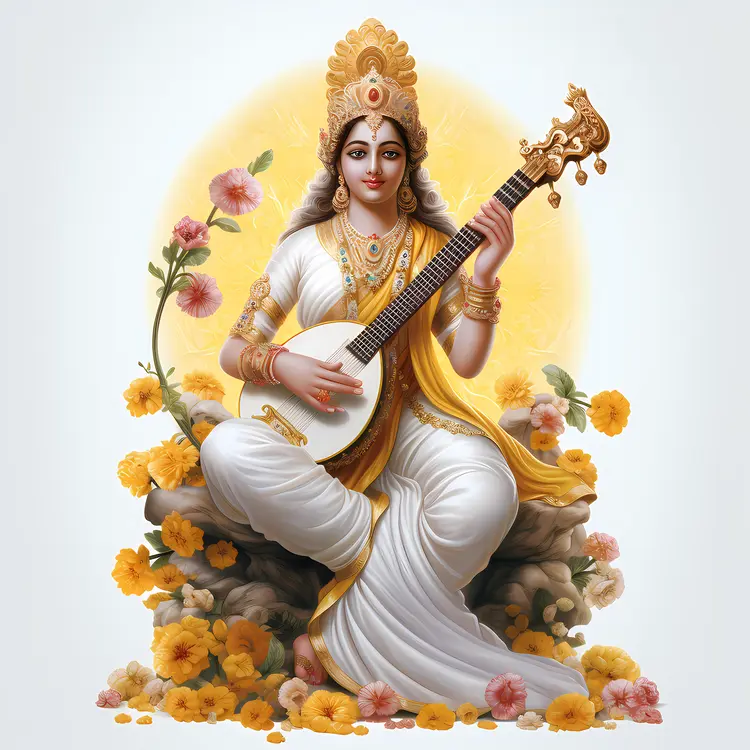 Divine Goddess Playing Veena with Flowers