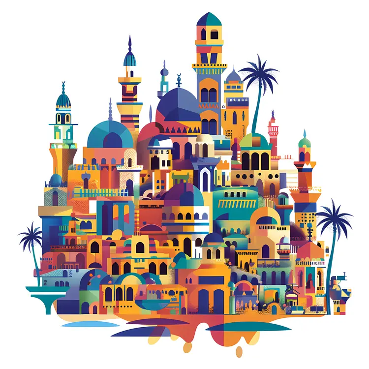 Colorful Mosque Village with Domes and Minarets