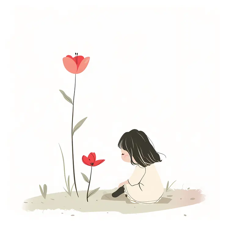 Girl Sitting with Red Flowers