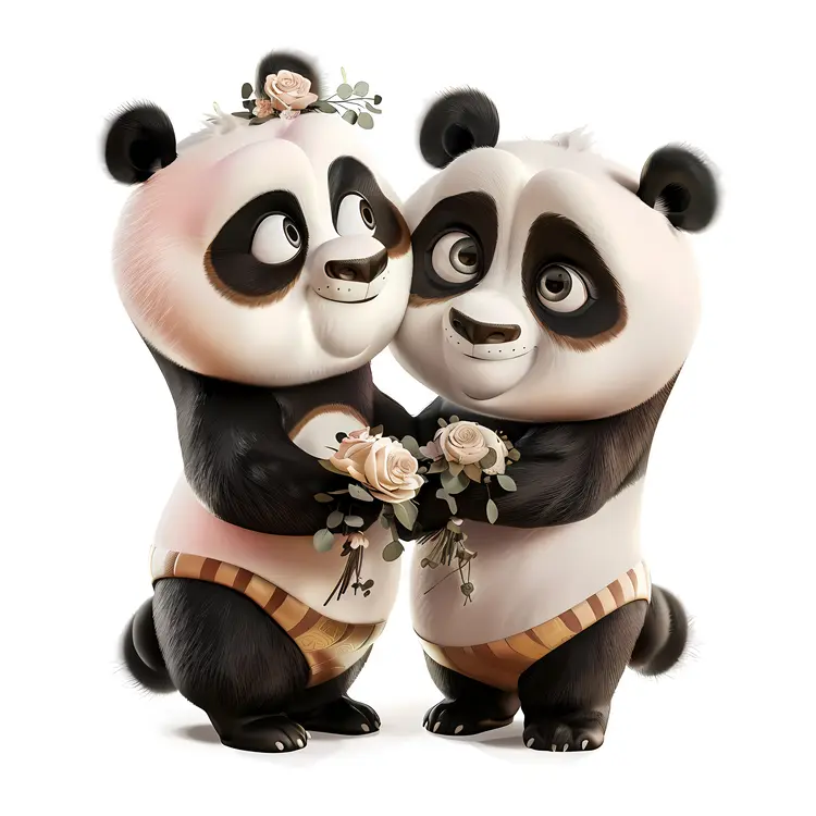 Cute Panda Couple with Flowers