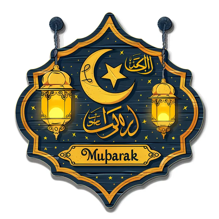 Mubarak Sign with Lanterns and Crescent Moon