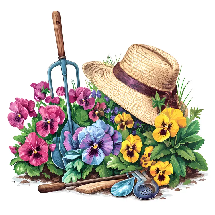 Gardening Tools and Flowers in Spring