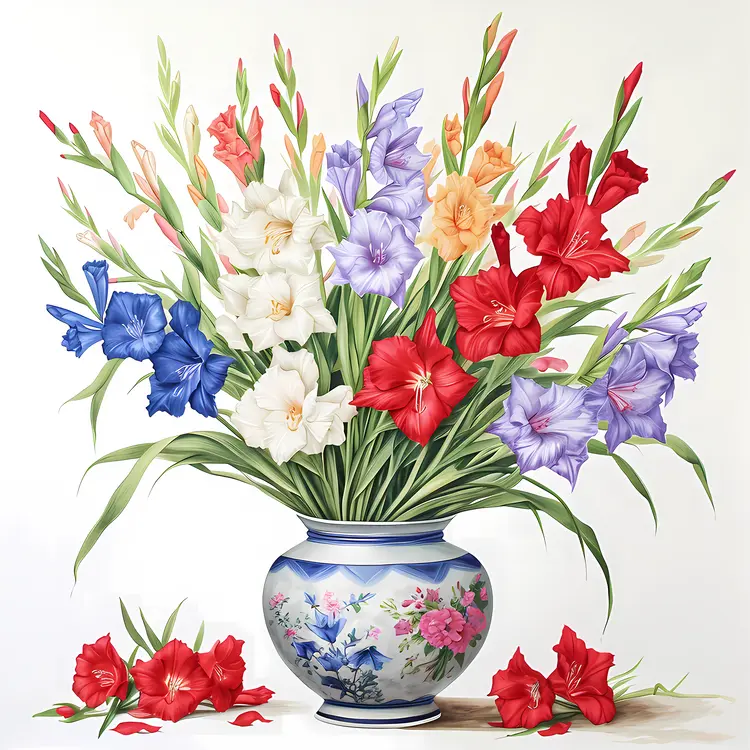 Colorful Gladiolus Flowers in a Decorative Vase