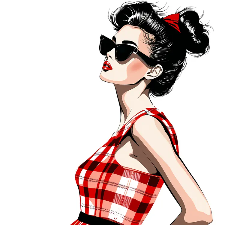 Retro Woman in Red Plaid Dress Illustration