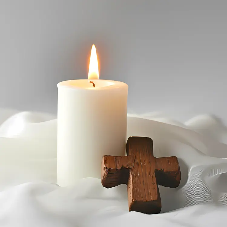 White Candle with Wooden Cross
