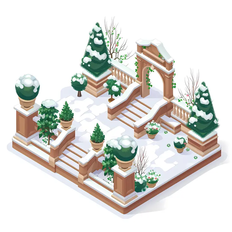 Snowy Garden with Trees and Arch