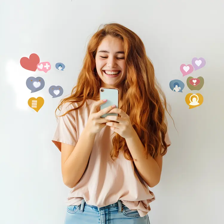 Smiling Girl Checking Phone with Social Media Icons