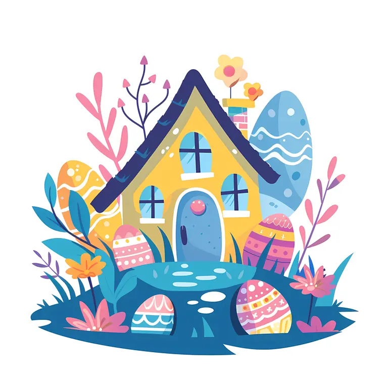 Festive Yellow House with Easter Eggs and Flowers