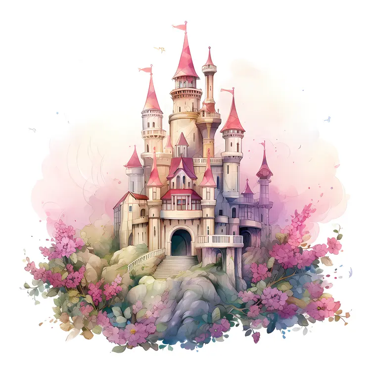 Fantasy Castle with Pink Towers and Flowers