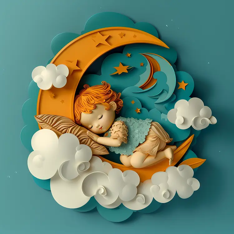Sleeping Child on Crescent Moon with Clouds