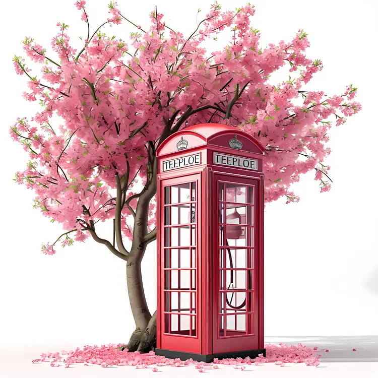 Red Phone Booth with Cherry Blossom Tree