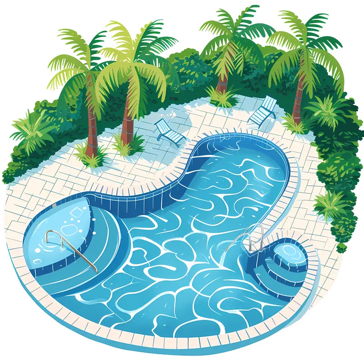 Swimming Pool with Palm Trees and Lounge Chairs