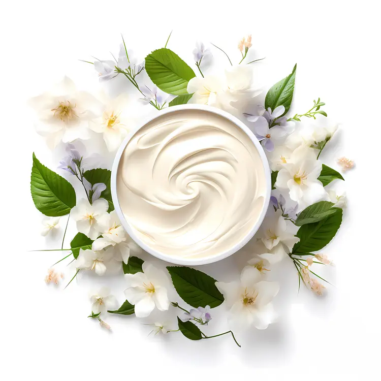 White Cream Surrounded by Flowers and Leaves