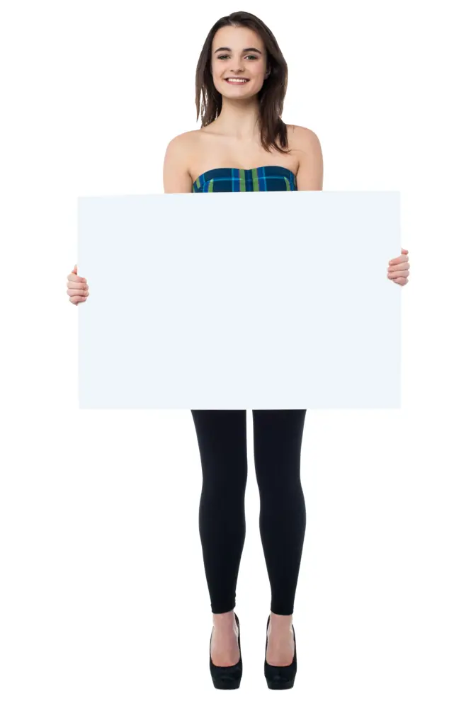 Smiling Woman in Strapless Top Holding Blank Sign