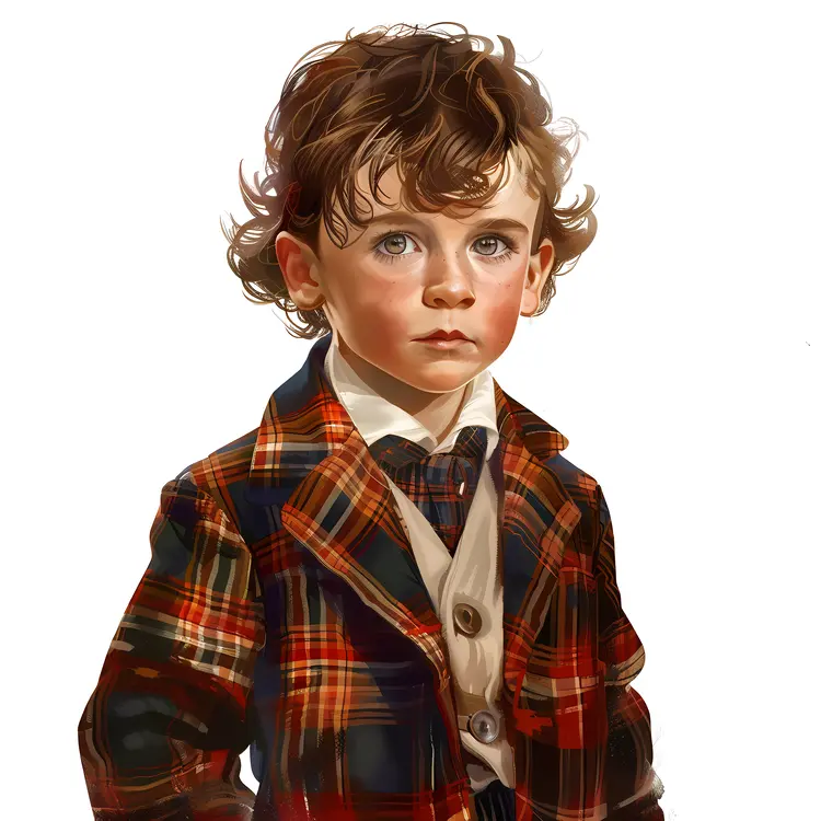 Serious Boy in Plaid Coat Illustration