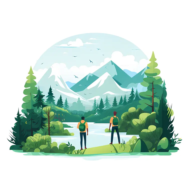 Hikers Admiring River and Mountain View