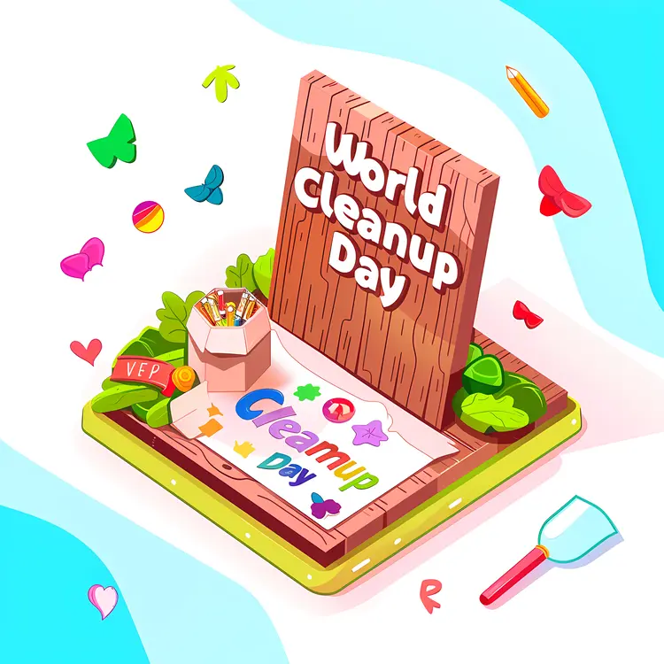 World Cleanup Day Sign with Colorful Decorations
