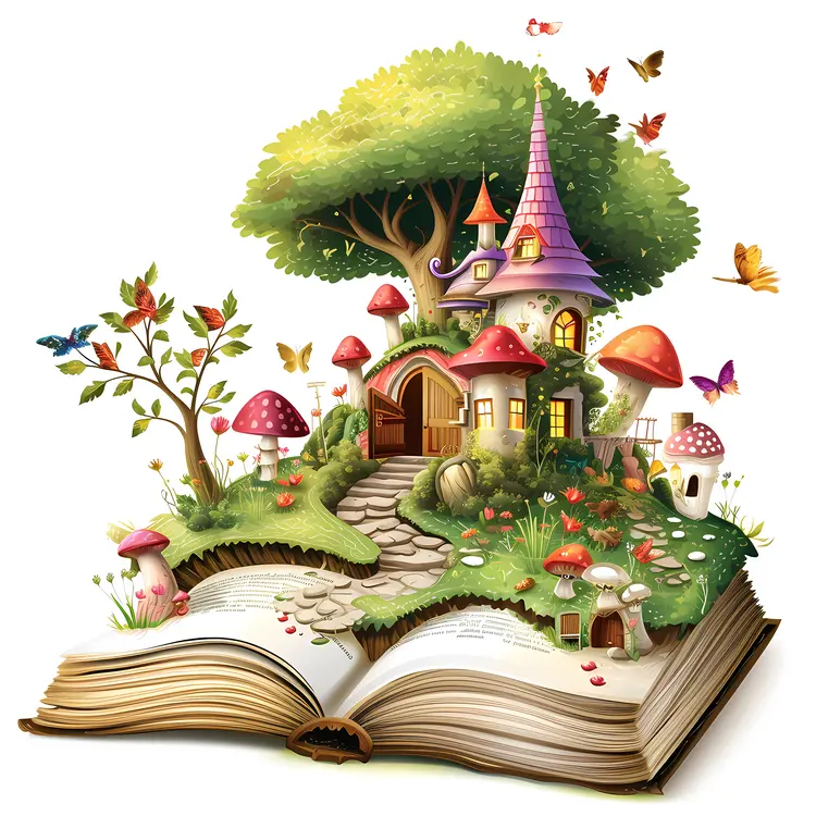 Fairy House with Mushrooms Emerging from a Book