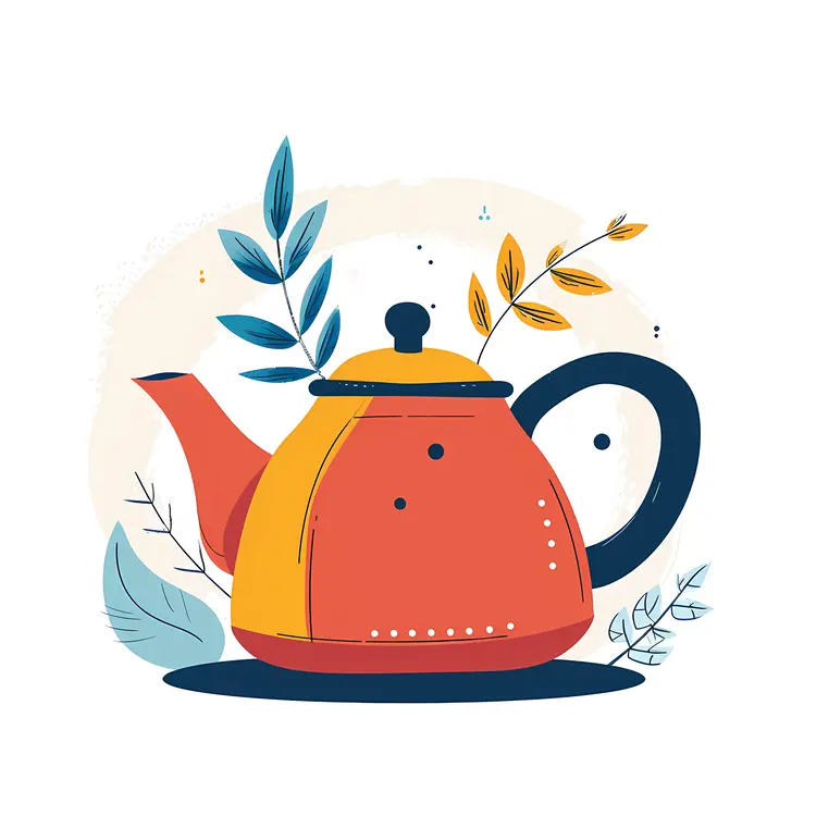 Red Teapot with Blue Handle and Leaves