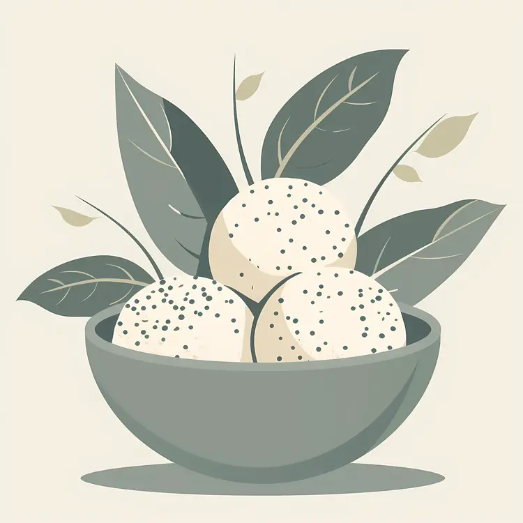 White Balls in a Bowl with Green Leaves