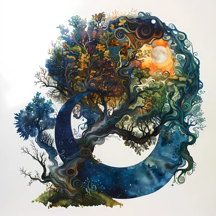 Mystical Tree with Moon and Stars