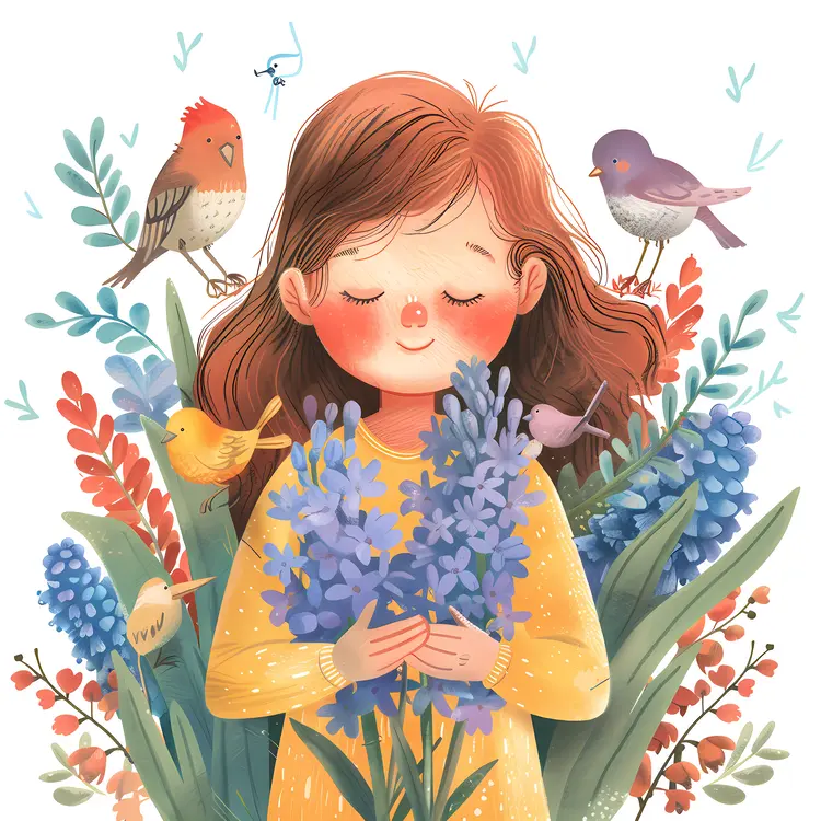 Girl Holding Flowers with Birds Around