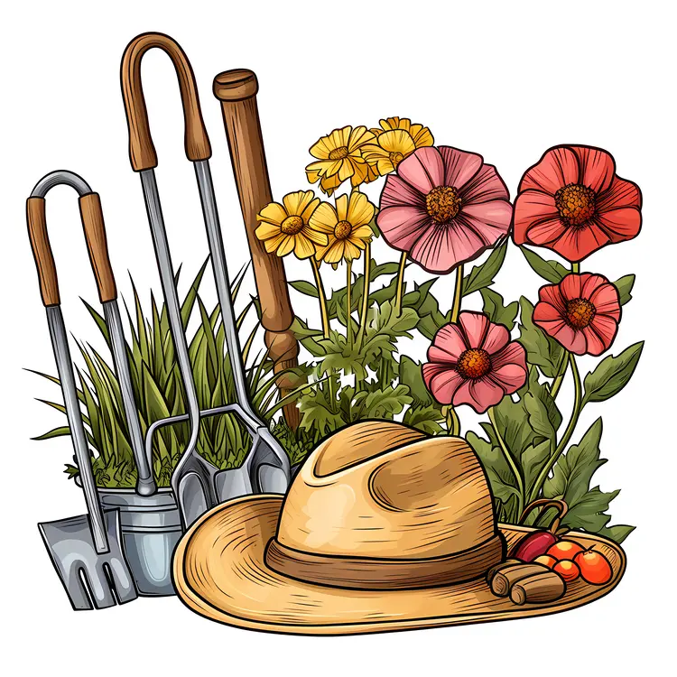 Gardening Tools and Flowers with Straw Hat