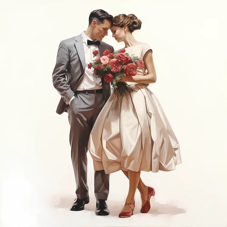 Bride and Groom with Bouquet of Flowers