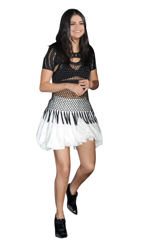 Smiling Woman in Black and White Dress