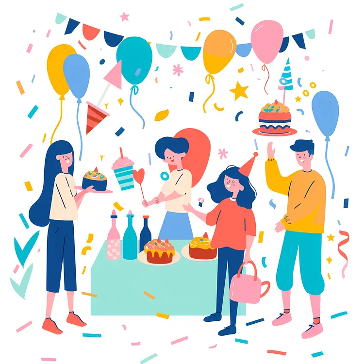 Birthday Party with Balloons and Cake