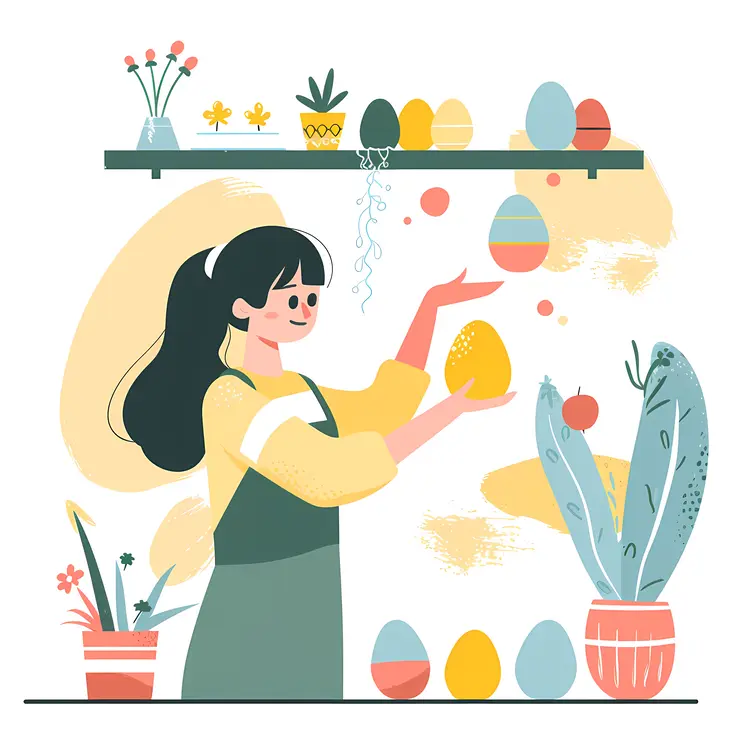 Woman Arranging Decorated Eggs on a Shelf