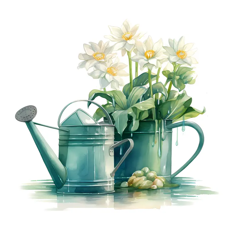 Watering Can with White Flowers