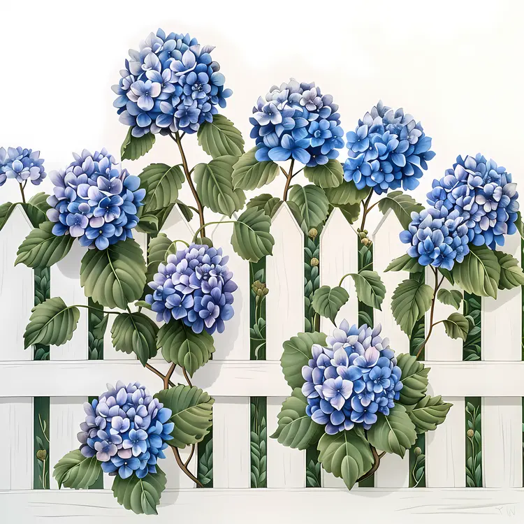 Blue Hydrangeas on White Fence