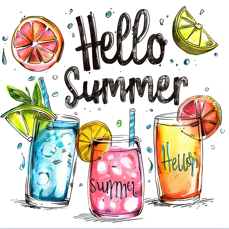 Hello Summer Refreshing Drinks Illustration