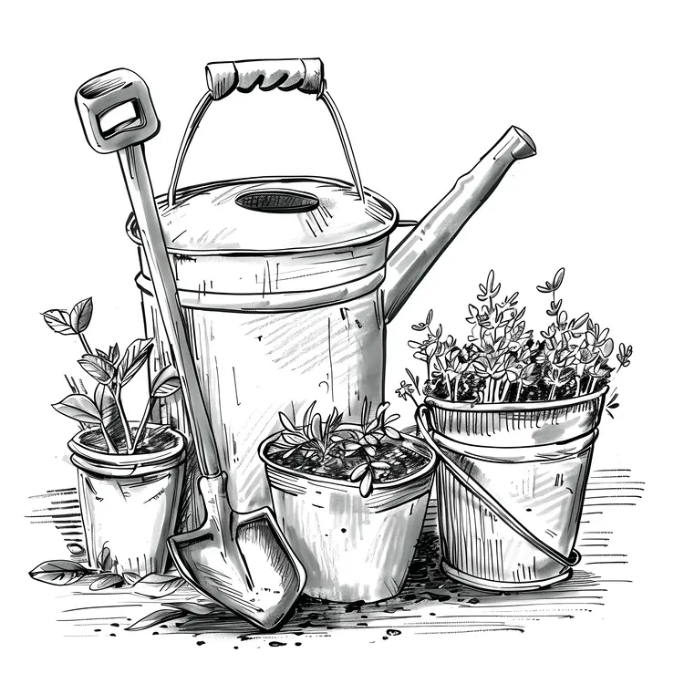Black and White Gardening Tools Illustration