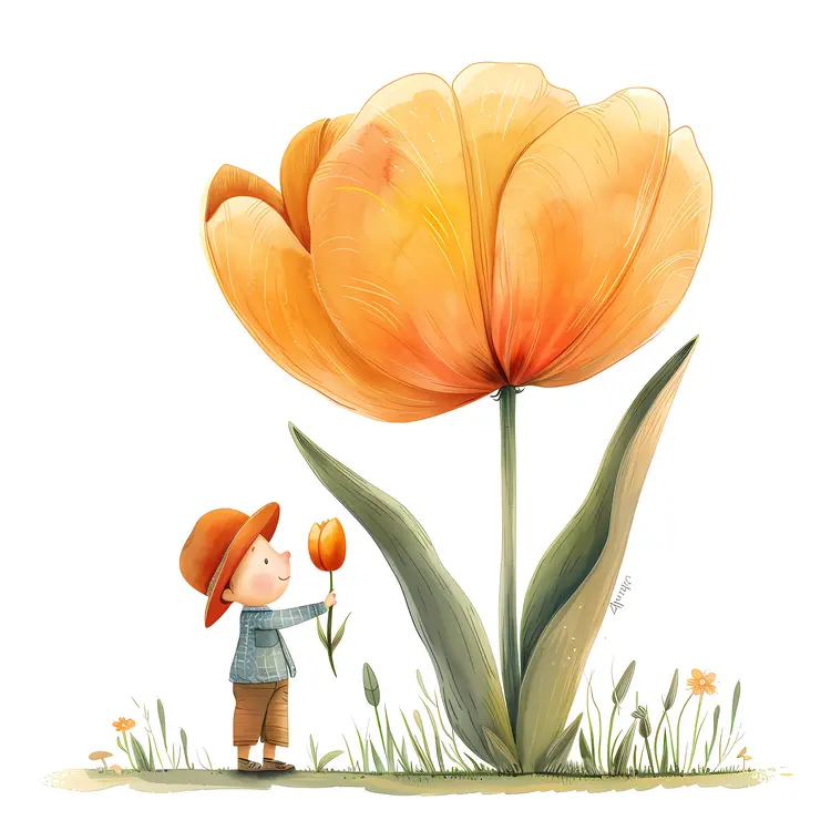 Boy with Hat Holding Small Tulip Next to Giant Orange Tulip
