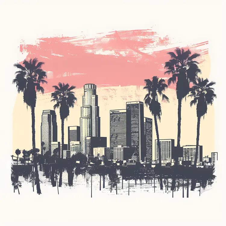 Cityscape with Palm Trees at Sunset