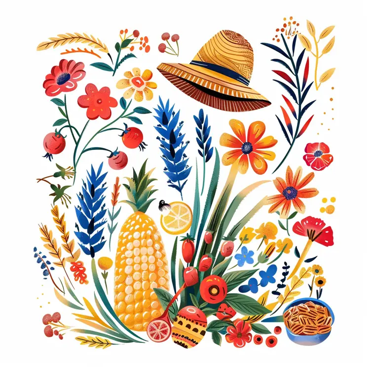 Harvest Corn and Floral Illustration